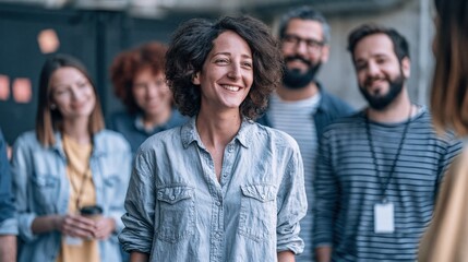 Fototapeta premium A cheerful woman stands in front of a group, smiling during a casual gathering, creating a warm and engaging atmosphere.