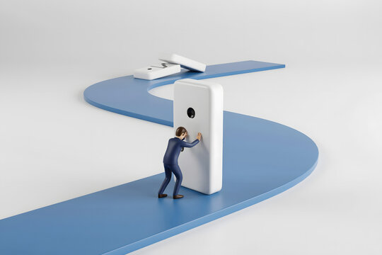 A miniature businessman in a suit pushes a large white domino on a winding blue path, representing business strategy and the domino effect