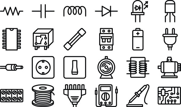  Electronic components line icon set vector electrical circuit microchip engineering elements for hardware schematic UI