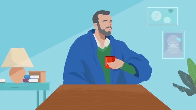 Pensive Sick Man Sitting at Kitchen Table Drinking Hot Tea Cup. Flu Cold Infection Symptom Healthcare 2D Character Animation.