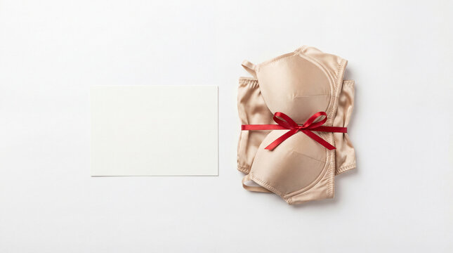 Beige lingerie set wrapped with red ribbon beside blank card on white surface for romantic gift fashion retail bridal shower copy space celebration intimate present lifestyle concept