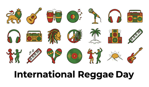 Colorful Reggae Music and Culture Icons Collection for International Reggae Day