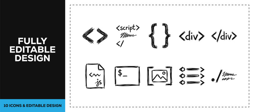 Black ink scribble web development and coding software icon set bundle featuring hand drawn doodle sketch vector illustrations for digital programmer and tech branding design.