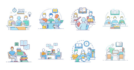 Fototapeta premium Flat design icons showing diverse people working together - Colorful flat icons depicting teamwork with diverse professionals collaborating on digital devices and communication tools.