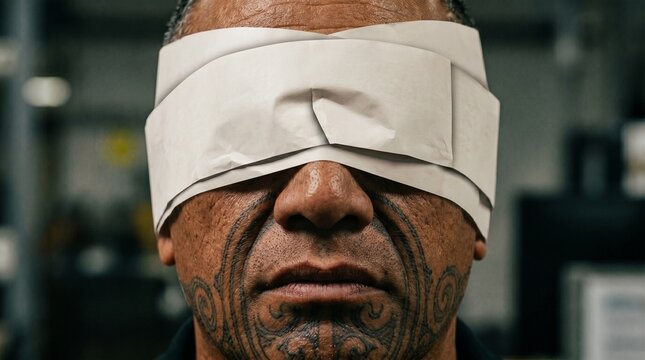 Hombre con tatuajes faciales y ojos vendados por papel blanco