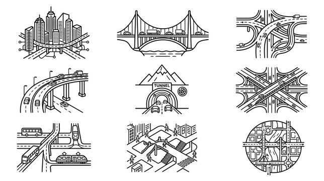 Cityscape Transportation Icons: Bridges, Highways, Overpasses, and Urban Infrastructure