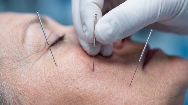 Primer plano de mano enguantada insertando aguja de acupuntura