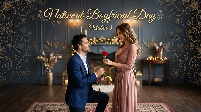Happy couple celebrating national boyfriend day with a red rose in elegant room setting