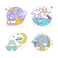 Naklejka premium Colorful dreamy space and moon vector icons set - Bright and cheerful vector icons showing dreamy space, planets, rockets, and moons in a fun and playful style.