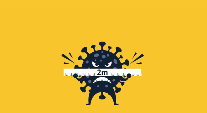 Dark virus character holding white ruler with 2m marking to represent social distancing guidelines during pandemic.