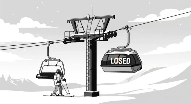 Black and white vector illustration of a ski resort lift tower with a gondola labeled "CLOSED". A lone skier in gear stands in the snow against a mountain landscape background.