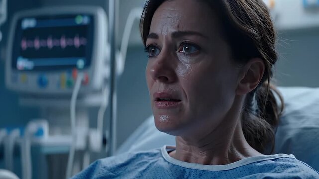 Emotional Close Up Profile Of A Crying Woman Patient In A Hospital Gown Experiencing Grief Distress And Pain In A Medical Facility Room