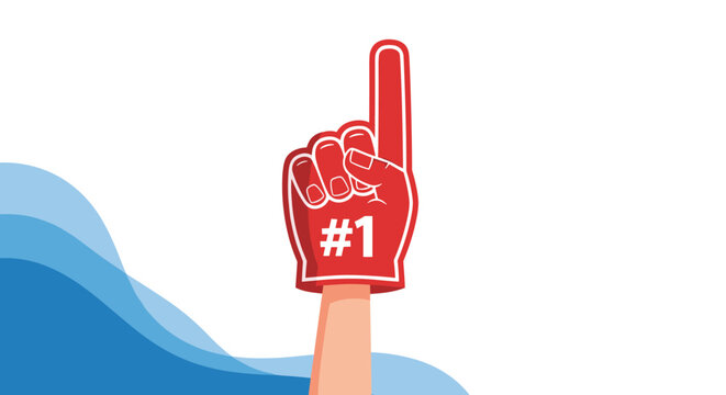 Hand of a sports fan wearing a large red foam finger with the number one printed on it to show support for their favorite winning team.