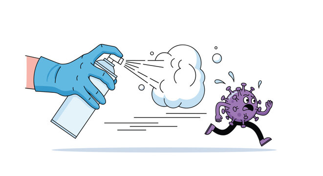 Hand in a blue glove using an aerosol spray to kill a running purple virus character in a humorous illustration.
