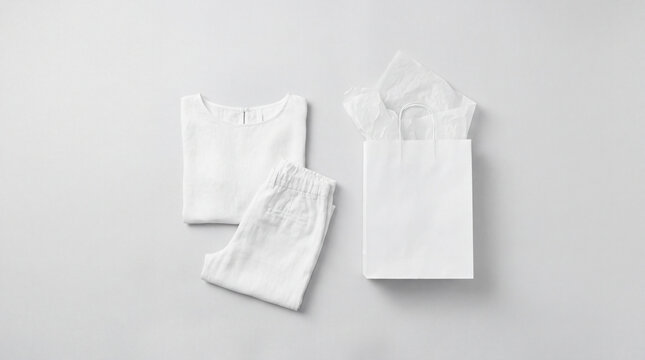 Minimal white linen clothing set with paper shopping bag on light background for sustainable fashion retail packaging capsule wardrobe clean lifestyle ecommerce concept brand style