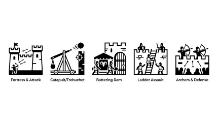 Obraz premium Medieval Castle Siege and Fortress Defense Icon Set