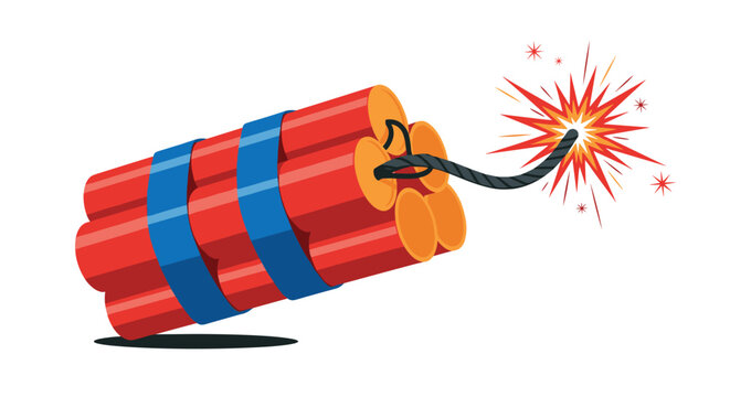 Bundle of red dynamite sticks wrapped in blue tape with a sparking fuse ready to explode against a white background.