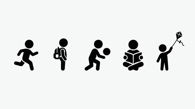 Set of stick figure children engaging in various activities