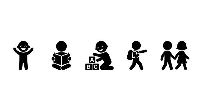 Set of silhouettes depicting preschool children activities