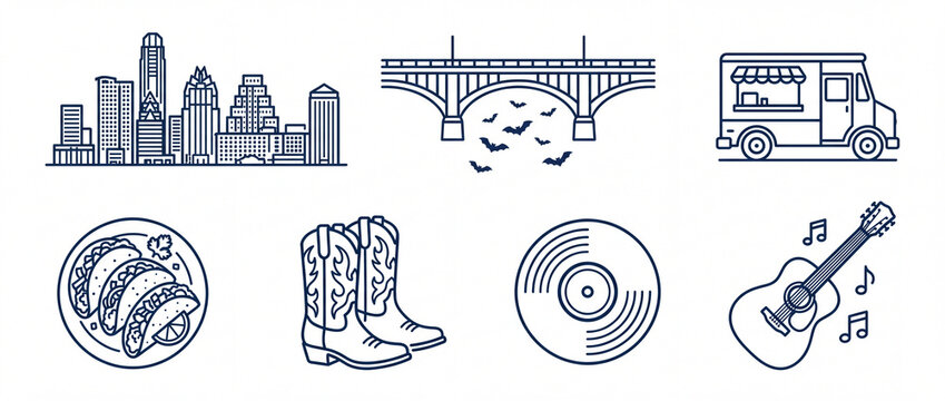 Austin Texas line art icons set featuring a modern city skyline, congress avenue bridge with bats, a local food truck, delicious tacos, cowboy boots, a vinyl record, and an acoustic guitar