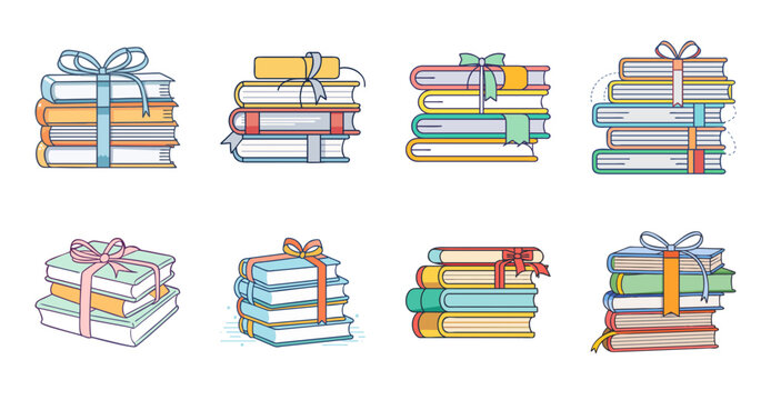 Colorful stack of books and notebooks illustration - Bright and cheerful vector illustration of stacked books, notebooks, and stationery items in a playful arrangement.