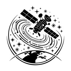 Orbiting Satellite Above Earth Planet Illustration in Minimalist Black Style © MdSourav