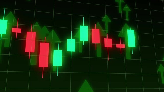 Professional trader analyzing stock market chart with candlestick patterns and technical indicators on a digital screen for investment