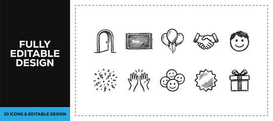 Black ink scribble holiday celebration and party event icon set bundle featuring hand drawn doodle sketch vector illustrations for greeting card and festive occasion branding. © Graphics