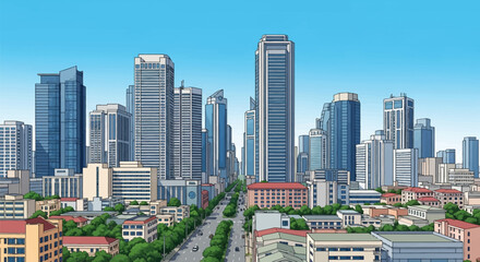 Obraz premium Vector anime illustration of Manila city skyline with skyscrapers, office towers, central boulevard with traffic, and green trees under a clear blue sky in high-angle view.