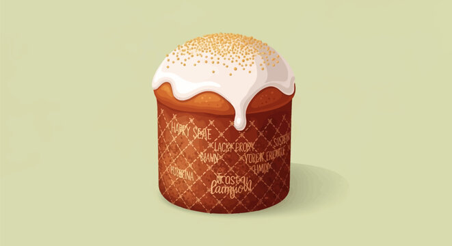 Traditional Easter bread kulich with white sugar icing glaze and golden sprinkles on a light green background. Cylindrical sweet yeast cake with decorative pattern on wrapper.