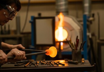 Obraz premium A glassblower wearing safety goggles holds a glowing molten glass piece on a metal rod, working in front of a furnace with bright orange flames