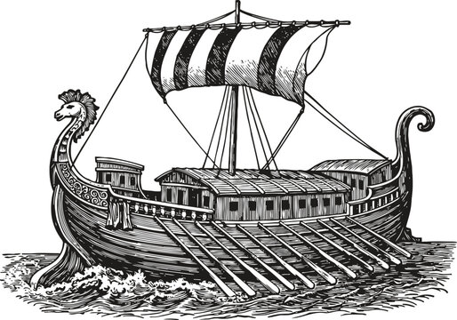Ancient viking longship sailing on waves with dragon figurehead detailed illustration