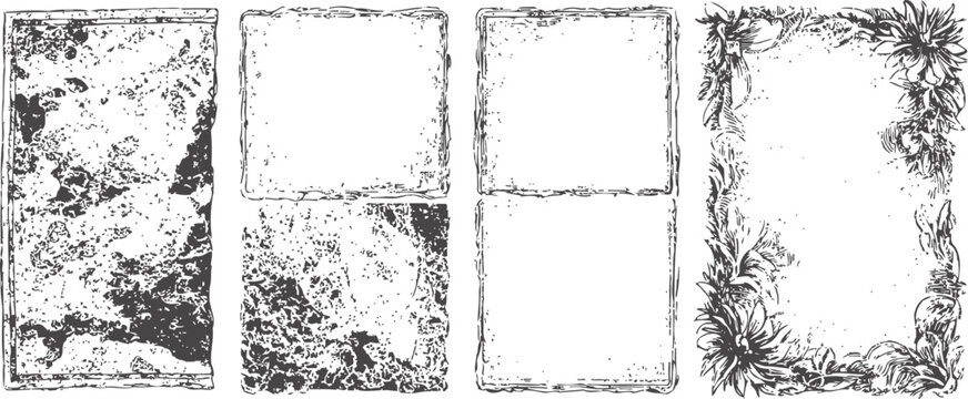 Grunge and floral vintage frames set of distressed decorative borders with texture and botanical elements