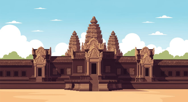 Vector illustration of Angkor Wat temple complex in Siem Reap, Cambodia, showcasing the iconic central stone towers, ornate Khmer architecture, horizontal galleries, and stylized blue sky.