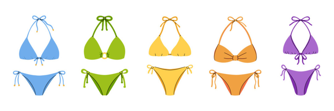Bikini swimsuit collection. Five colorful women two piece sets. Halter neck string triangles with side tie briefs. Blue green yellow orange purple colors. Summer beach resort pool vacation holiday