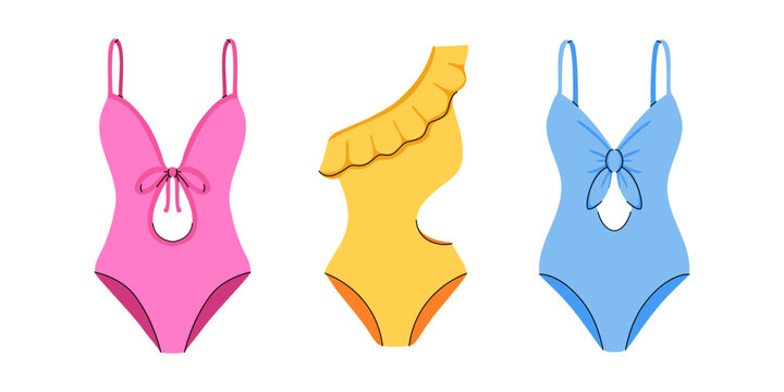 Swimsuit bikini monokini tankini. Three colorful women resort looks. Pink and blue front tie styles with yellow ruffle one shoulder option. Summer beach pool vacation holiday fashion