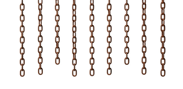 Rusty metal chains hanging vertically, isolated on transparent background, png