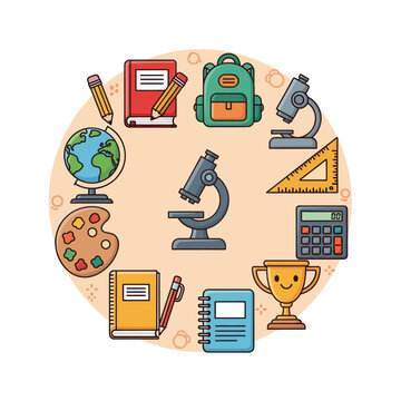 School Supplies and Learning Tools Circle - Education, Science, Art, Math Icons