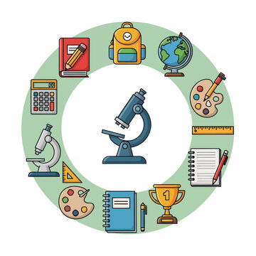 School Supplies and Science Equipment Arranged in Circle