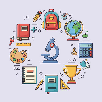School Supplies Circle Collage: Education, Learning, and Creativity Icons