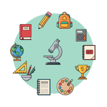 School Supplies Circle Composition: Education, Learning, Science, Art, and Achievement Icons