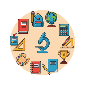 School Supplies Circle Icon Set: Education, Learning, and Knowledge