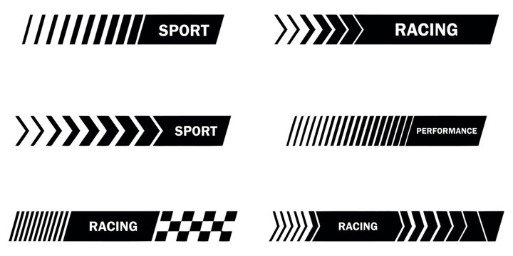 Set of black racing stripe decals with sport and performance text for vehicle body decoration.