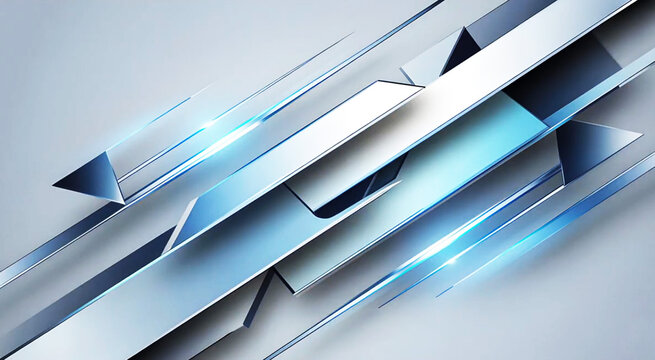 Clean and sharp digital illustration abstract of geometric elements on pale grey canvas. Metallic bars, sharp arrow shapes and sleek layered panel run diagonally frame in cool blue silver and tones.