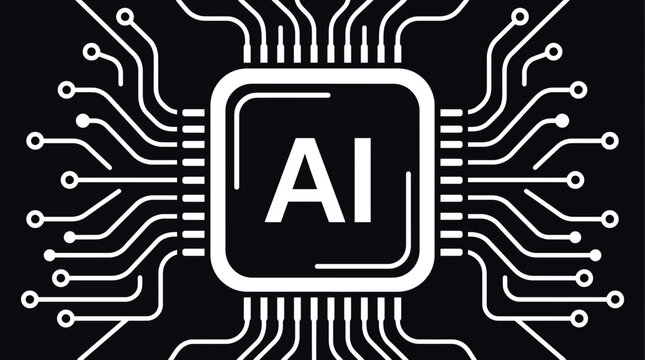 Modern vector graphic illustration of AI chip with white lines on black background symbolizing artificial intelligence and technology advancement in a sleek design