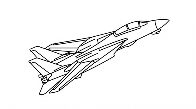 A clean black and white line art vector illustration of a classic F-14 Tomcat military fighter jet climbing in altitude, featuring its signature swept wings, twin vertical stabilizers.