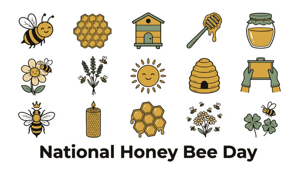 Collection of Cute Bee and Honey Vector Icons with 'National Honey Bee Day' Text