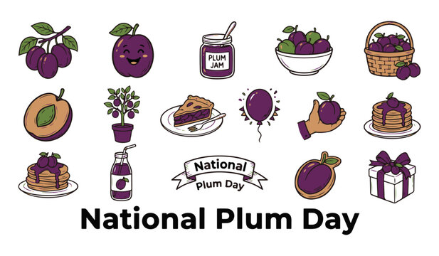 National Plum Day Vector Illustration Set with Cartoon Plum Icons, Food, and Products
