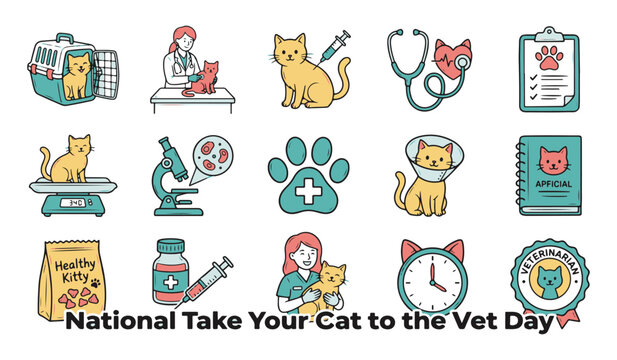 Collection of Cat Vet Care Icons for National Take Your Cat to the Vet Day