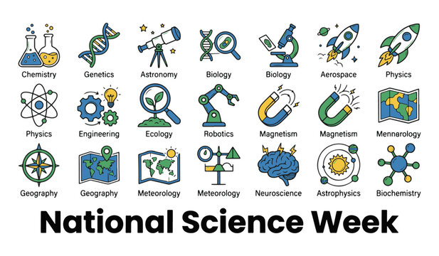 Set of Science Subject Line Icons with 'National Science Week' Text on White Background